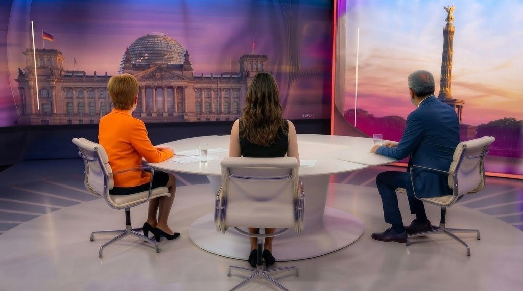 Interview im Fernsehstudio — Kameras, Mikrofon und LED-Hintergrund (Studio-Moment)